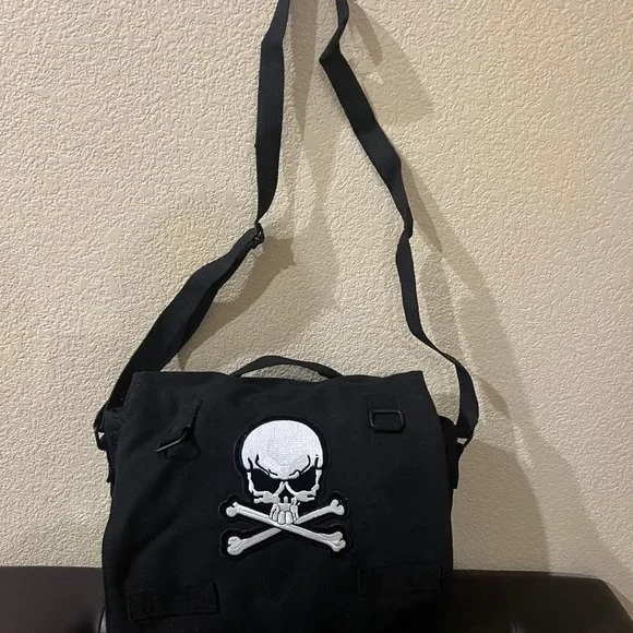 ARMY Tough Vintage Canvas Shoulder Bag Black Color With Skull & Bone Patch - NEW